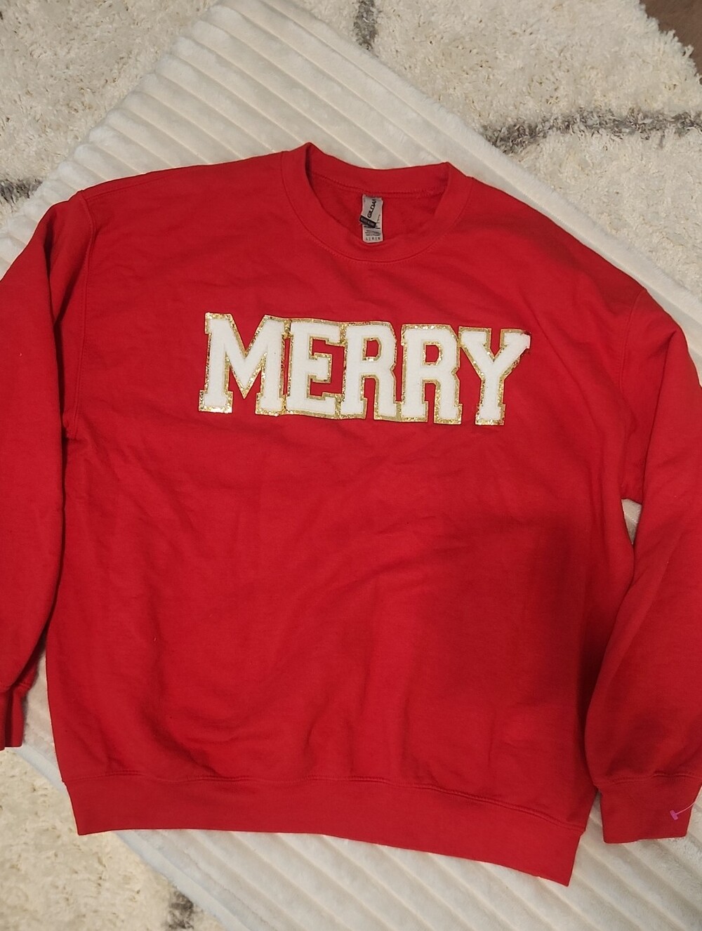 Gildan Red Crewneck Sweatshirt with White and Gold 'MERRY' Applique